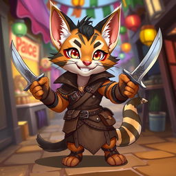 A cute small male Tabaxi with striking tabby fur, depicted in a vibrant 2D illustration as a rogue, confidently wielding a pair of decorative knives