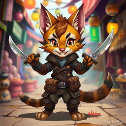 A cute small male Tabaxi with striking tabby fur, depicted in a vibrant 2D illustration as a rogue, confidently wielding a pair of decorative knives