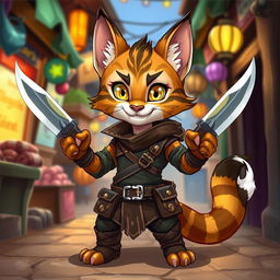 A cute small male Tabaxi with striking tabby fur, depicted in a vibrant 2D illustration as a rogue, confidently wielding a pair of decorative knives