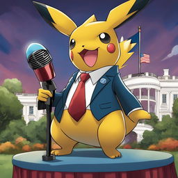 An Obama-inspired Pokémon in a suit with a microphone, standing against a backdrop of the White House.