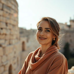 A portrait of a Sephardic woman aged 35-38, featuring smooth skin and elegant features, including long eyelashes and a warm, inviting smile