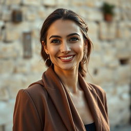 A portrait of a Sephardic woman aged 35-38, featuring smooth skin and elegant features, including long eyelashes and a warm, inviting smile