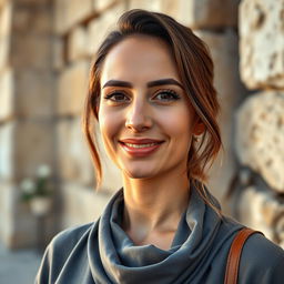A portrait of a Sephardic woman aged 35-38, featuring smooth skin and elegant features, including long eyelashes and a warm, inviting smile