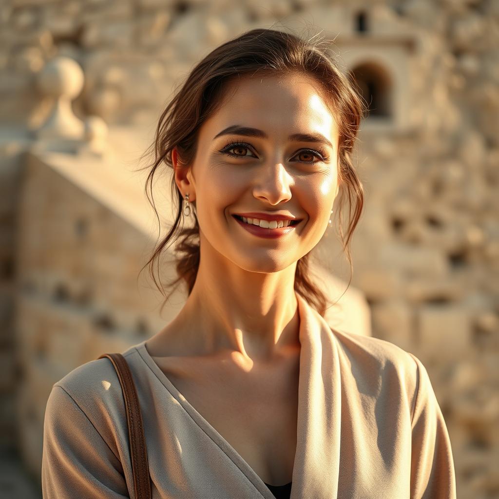 A portrait of a Sephardic woman aged 35-38, featuring smooth skin and elegant features, including long eyelashes and a warm, inviting smile