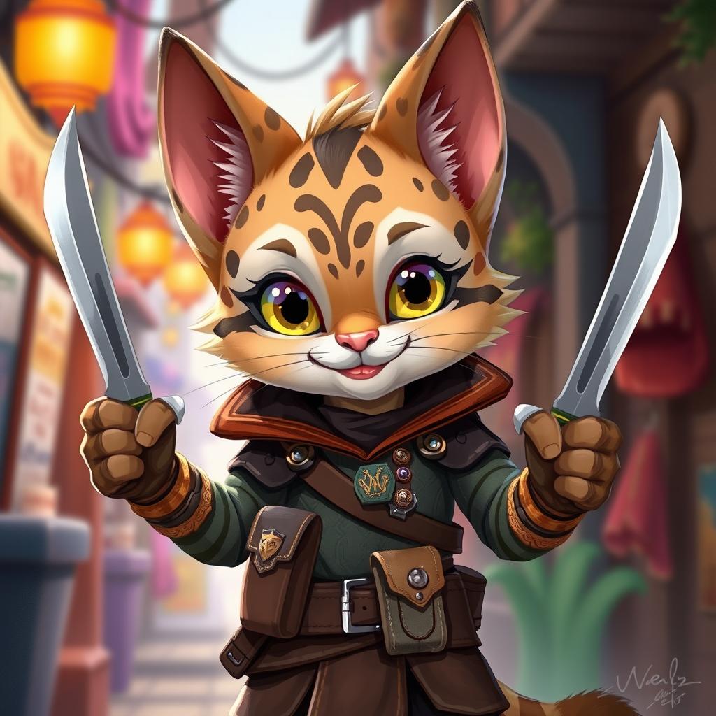 An adorable small male Tabaxi with whimsical tabby fur patterns, depicted in a charming 2D illustration as a rogue, holding a pair of elegant knives with a playful stance