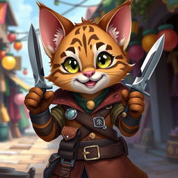 An adorable small male Tabaxi with whimsical tabby fur patterns, depicted in a charming 2D illustration as a rogue, holding a pair of elegant knives with a playful stance