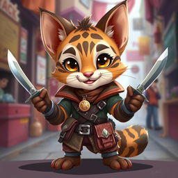 An adorable small male Tabaxi with whimsical tabby fur patterns, depicted in a charming 2D illustration as a rogue, holding a pair of elegant knives with a playful stance