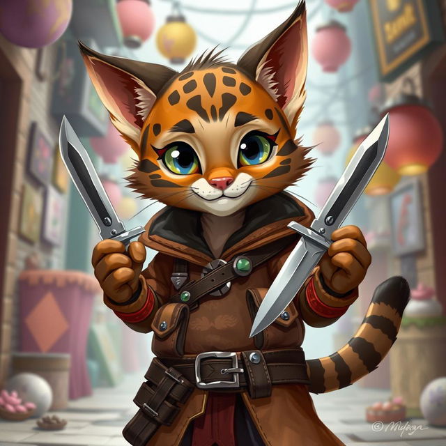 An adorable small male Tabaxi with whimsical tabby fur patterns, depicted in a charming 2D illustration as a rogue, holding a pair of elegant knives with a playful stance