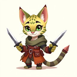 An adorable small male Tabaxi with whimsical tabby fur patterns, depicted in a charming 2D illustration as a rogue, holding a pair of elegantly designed knives