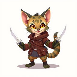 An adorable small male Tabaxi with whimsical tabby fur patterns, depicted in a charming 2D illustration as a rogue, holding a pair of elegantly designed knives