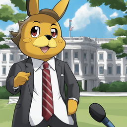 An Obama-inspired Pokémon in a suit with a microphone, standing against a backdrop of the White House.