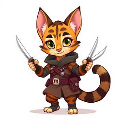An adorable small male Tabaxi with whimsical tabby fur patterns, depicted in a charming 2D illustration as a rogue, holding a pair of elegantly designed knives