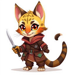 An adorable small male Tabaxi with whimsical tabby fur patterns, depicted in a charming 2D illustration as a rogue, holding a pair of elegantly designed knives
