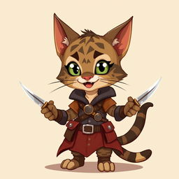 An adorable small male Tabaxi with tabby fur patterns, illustrated in a delightful 2D style as a rogue, cheerfully holding a pair of shiny knives
