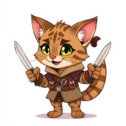 An adorable small male Tabaxi with tabby fur patterns, illustrated in a delightful 2D style as a rogue, cheerfully holding a pair of shiny knives