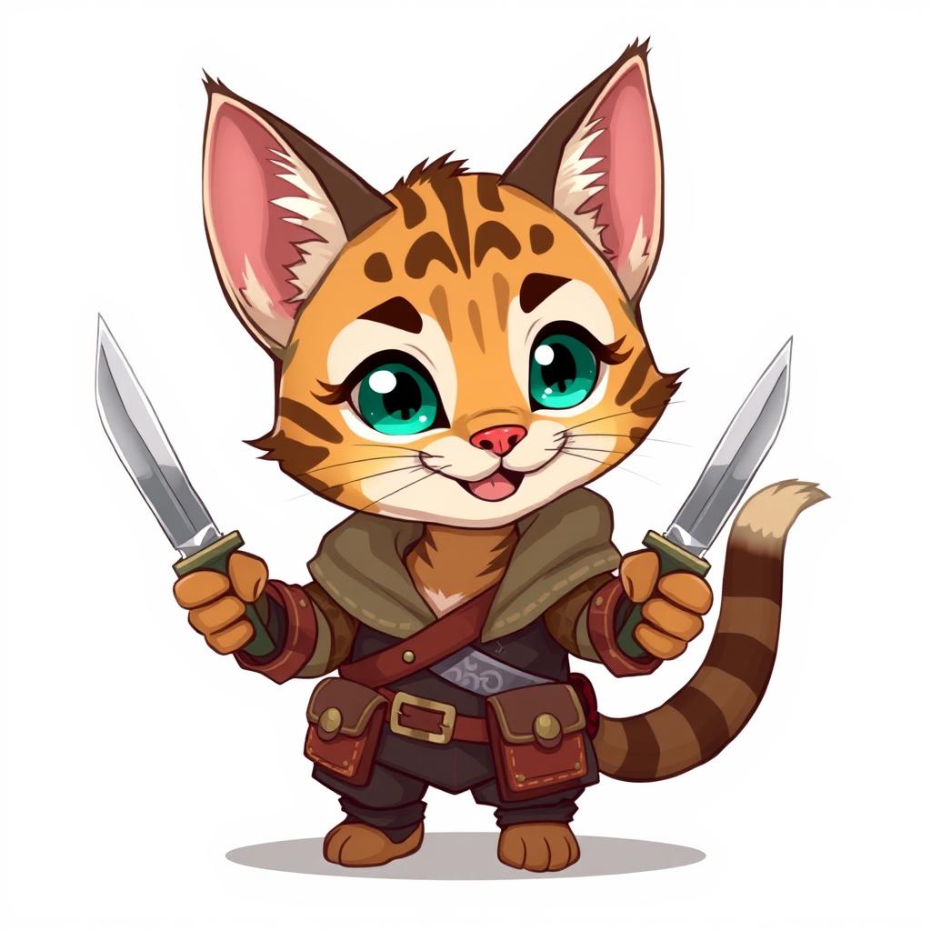 An adorable small male Tabaxi with tabby fur patterns, illustrated in a delightful 2D style as a rogue, cheerfully holding a pair of shiny knives