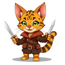 An adorable small male Tabaxi with tabby fur patterns, illustrated in a delightful 2D style as a rogue, cheerfully holding a pair of shiny knives