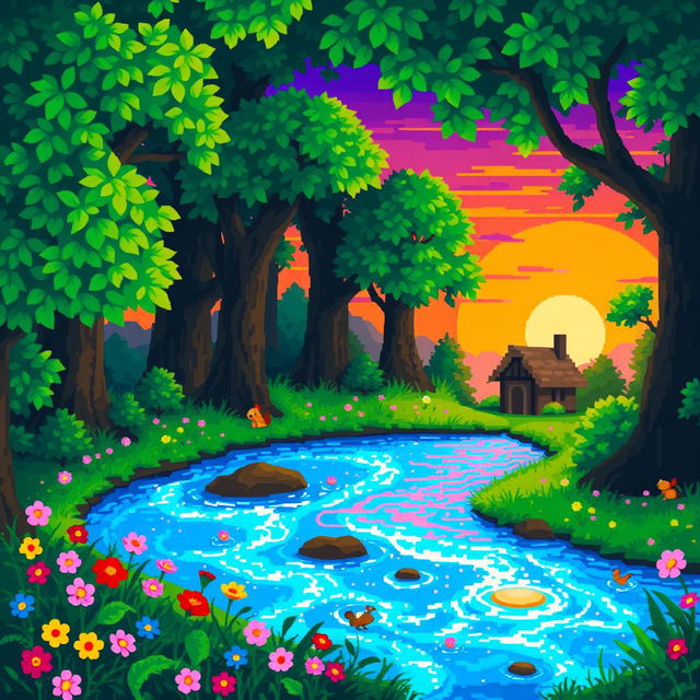 A vibrant pixel art scene depicting a magical forest at sunset