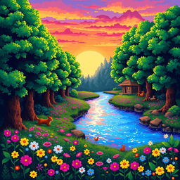 A vibrant pixel art scene depicting a magical forest at sunset