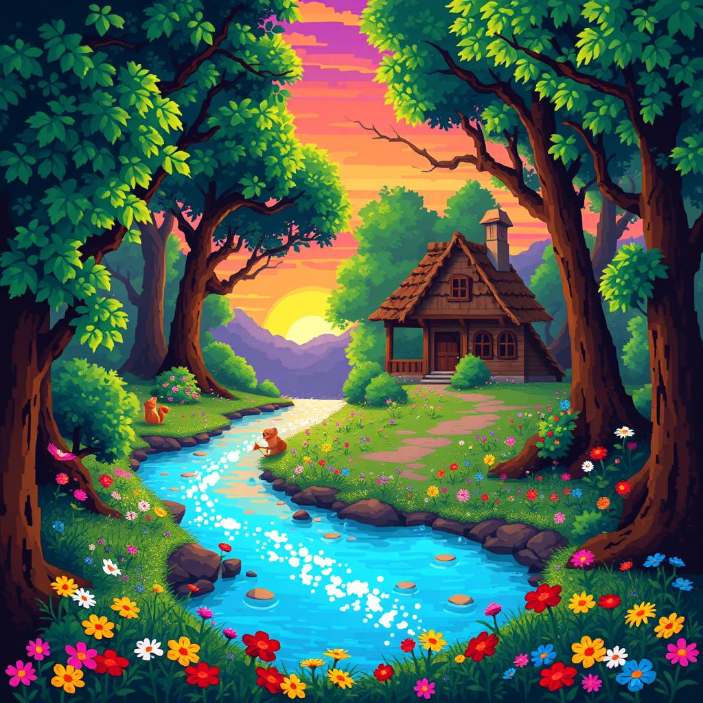 A vibrant pixel art scene depicting a magical forest at sunset