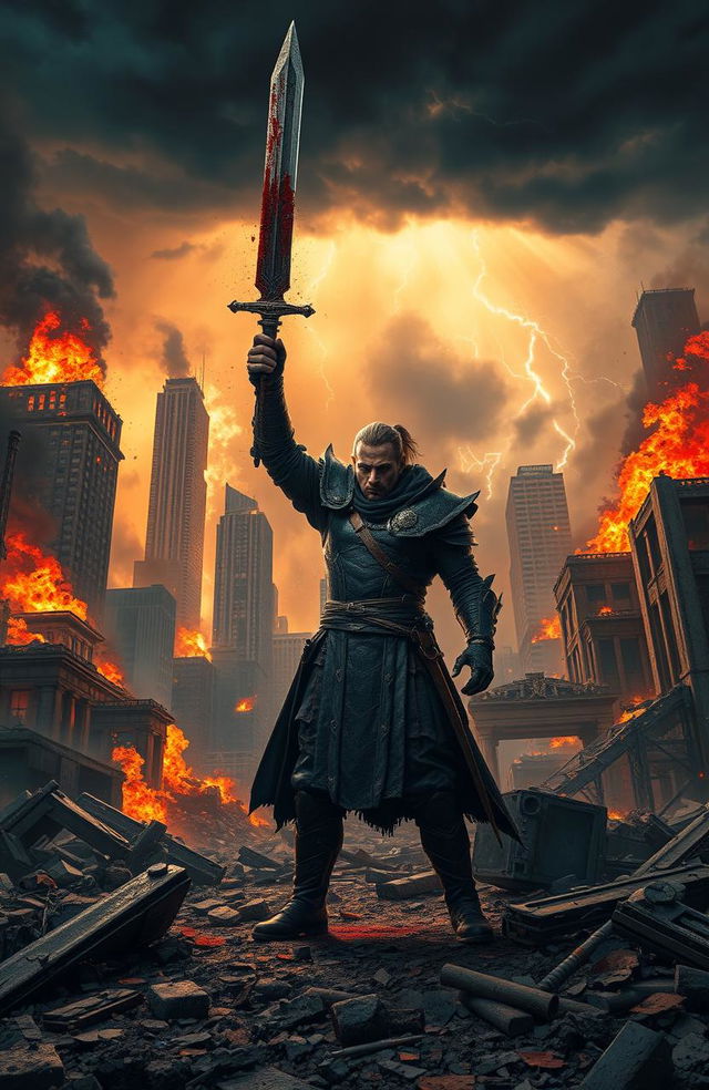 An epic scene of destruction and vengeance depicting a lone warrior standing amidst the rubble of a devastated city, flames engulfing skyscrapers in the background, dark smoke rising into the sky, and ashes swirling around