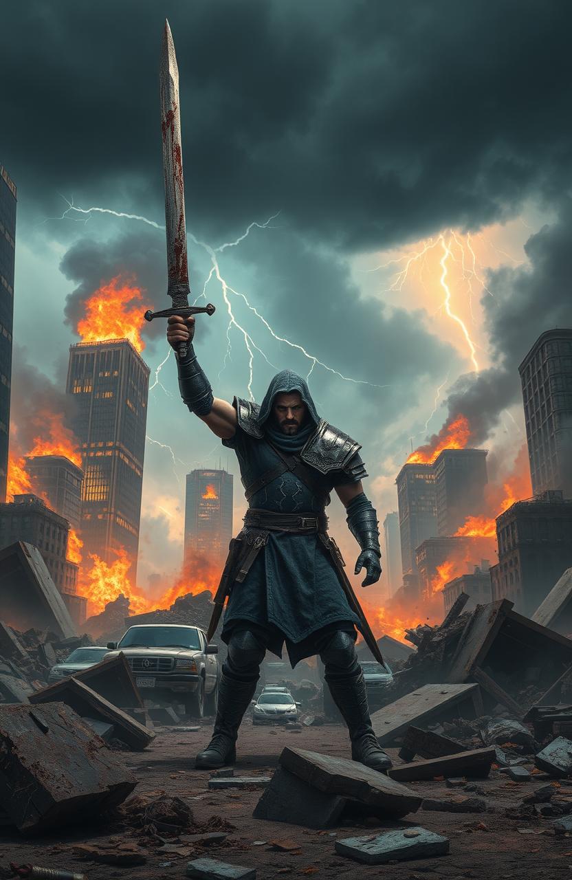 An epic scene of destruction and vengeance depicting a lone warrior standing amidst the rubble of a devastated city, flames engulfing skyscrapers in the background, dark smoke rising into the sky, and ashes swirling around