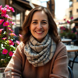 A lifelike image of a Sephardic woman aged 35-40, with a warm and inviting smile, wearing a stylish scarf and a cozy sweater