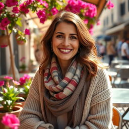 A lifelike image of a Sephardic woman aged 35-40, with a warm and inviting smile, wearing a stylish scarf and a cozy sweater