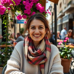 A lifelike image of a Sephardic woman aged 35-40, with a warm and inviting smile, wearing a stylish scarf and a cozy sweater