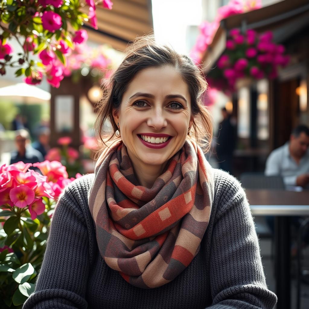 A lifelike image of a Sephardic woman aged 35-40, with a warm and inviting smile, wearing a stylish scarf and a cozy sweater