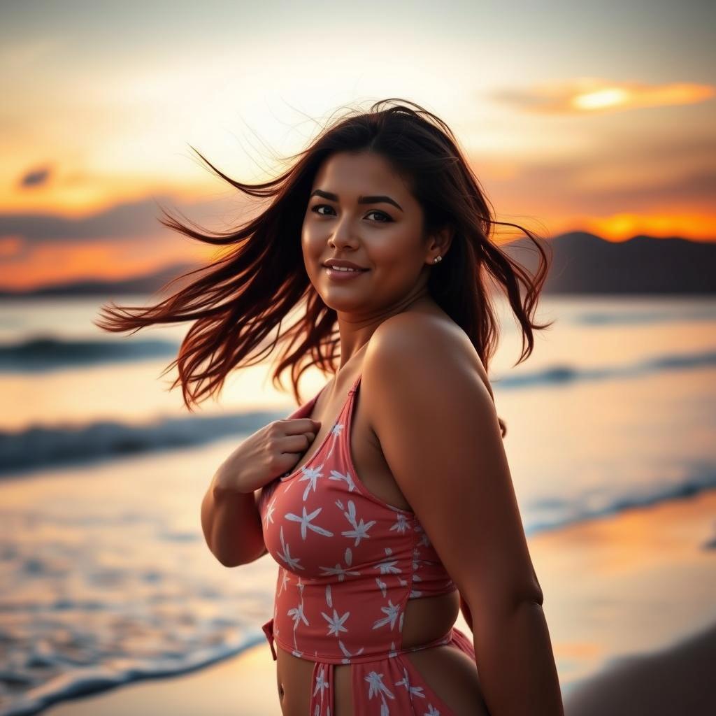 A beautiful woman with long, flowing hair stands on a sandy beach at sunset