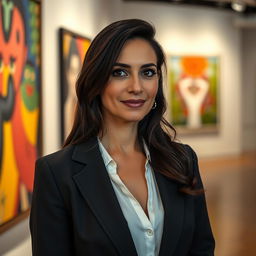 A photo-realistic portrait of a Sephardic woman in her late 30s, showcasing dark hair and an air of confidence