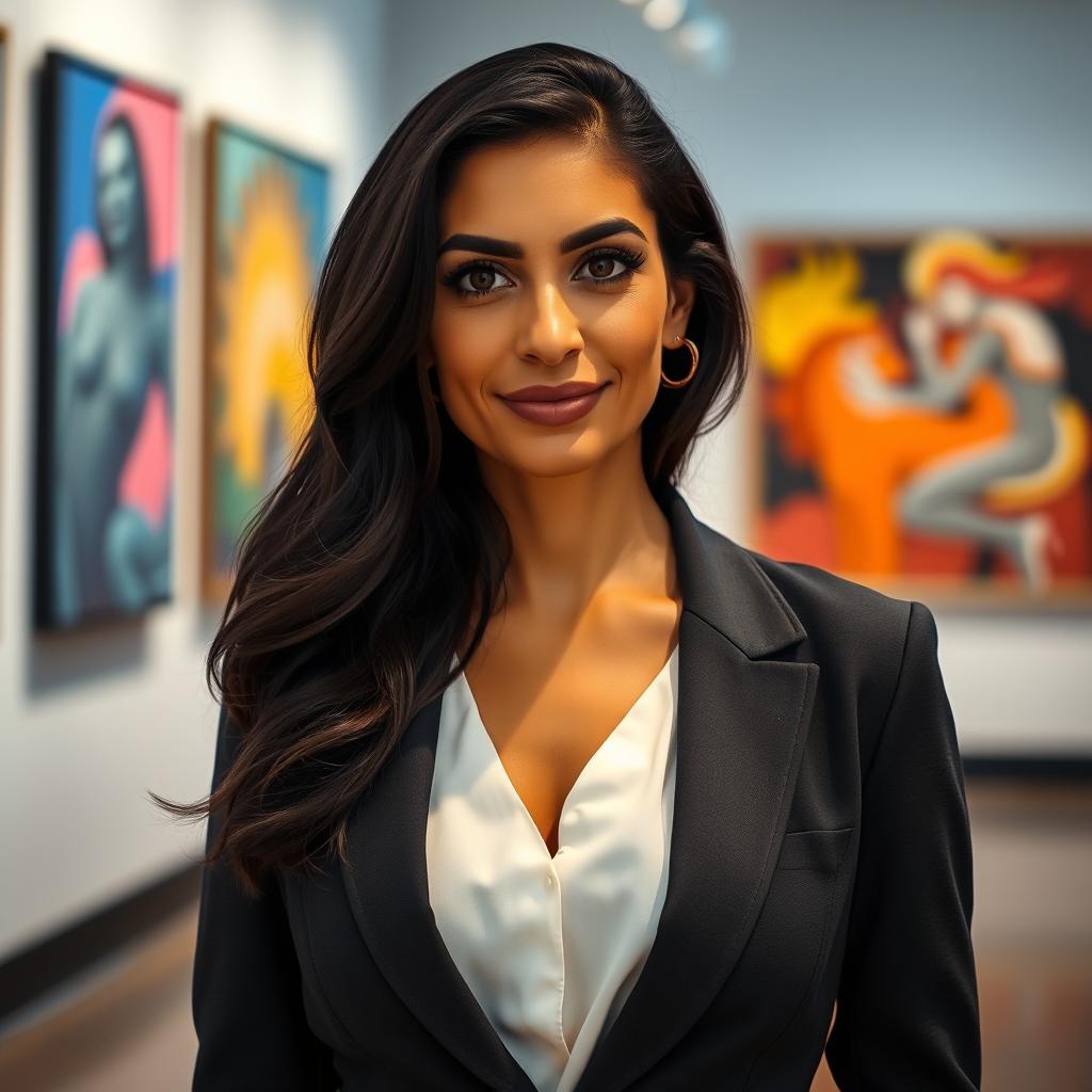 A photo-realistic portrait of a Sephardic woman in her late 30s, showcasing dark hair and an air of confidence