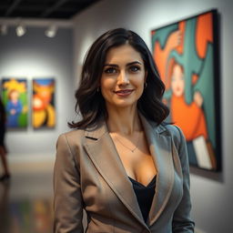 A photo-realistic portrait of a Sephardic woman in her late 30s, showcasing dark hair and an air of confidence