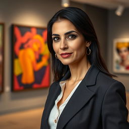 A photo-realistic portrait of a Sephardic woman in her late 30s, showcasing dark hair and an air of confidence
