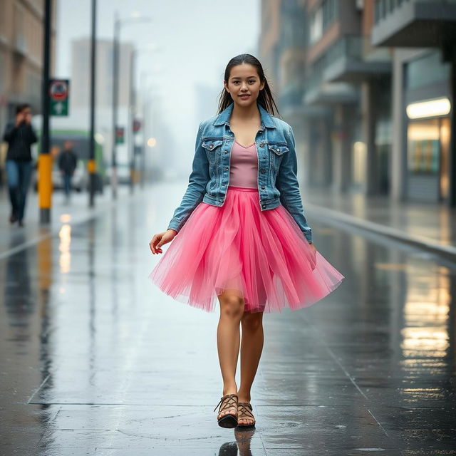 A 20-year-old Balkan girl walking in the rain, showcasing a playful and carefree expression