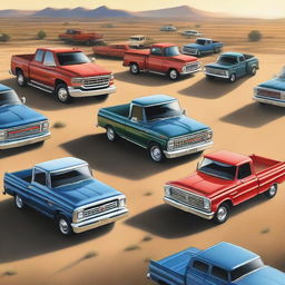 An open field dotted with various models of American pickup trucks, reflecting the gleam of sunlight