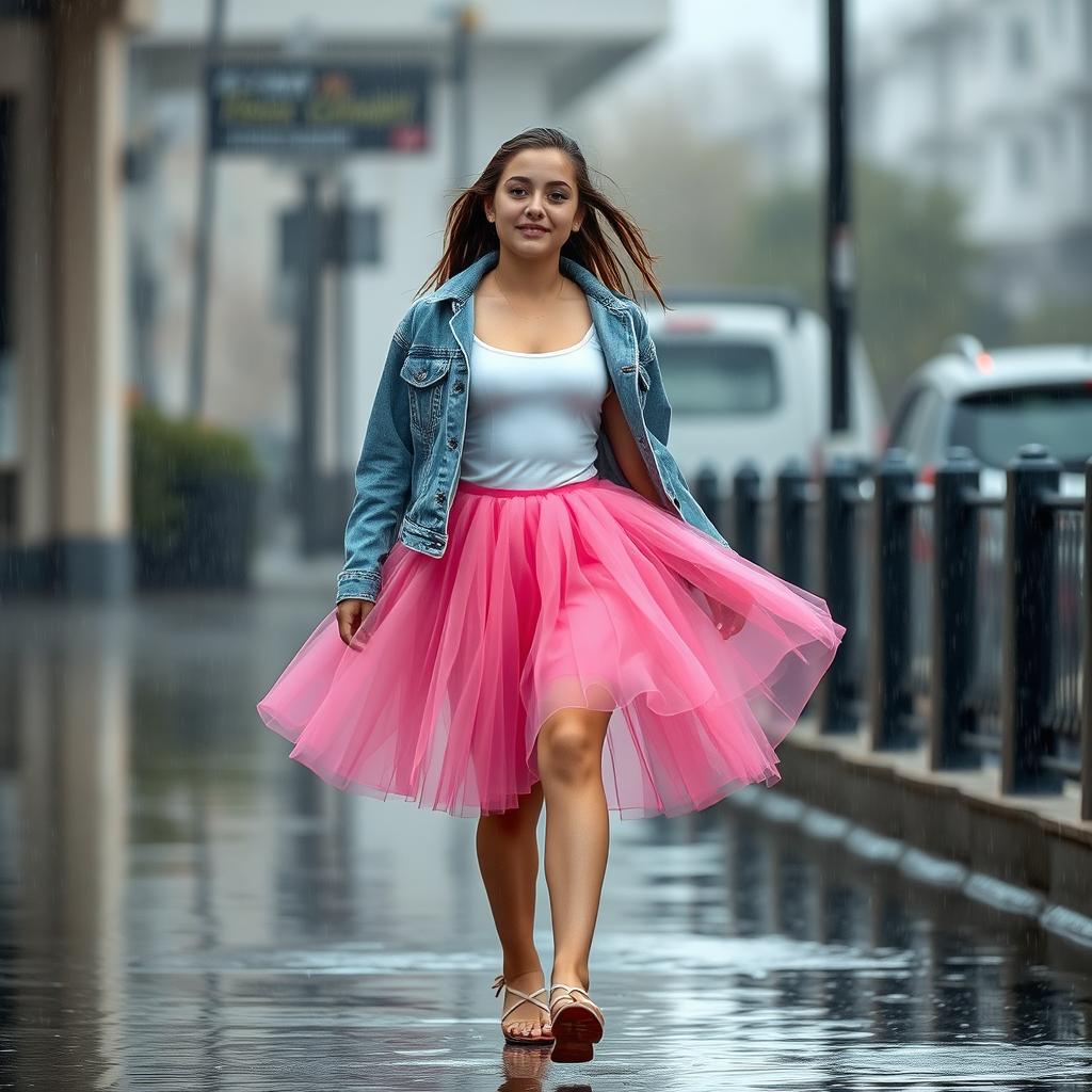 A 20-year-old Balkan girl walking in the rain, showcasing a playful and carefree expression