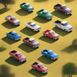 An open field dotted with various models of American pickup trucks, reflecting the gleam of sunlight