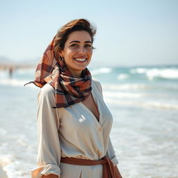 A lifelike image of a Sephardic woman aged 35-40, with a cheerful expression, wearing a fashionable scarf and a modest outfit that elegantly covers her bust