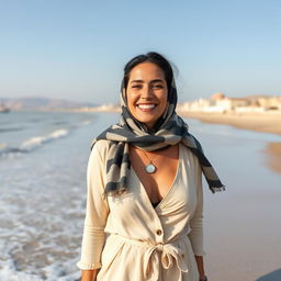 A lifelike image of a Sephardic woman aged 35-40, with a cheerful expression, wearing a fashionable scarf and a modest outfit that elegantly covers her bust