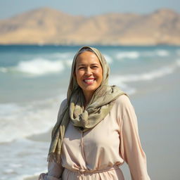 A lifelike image of a Sephardic woman aged 35-40, with a cheerful expression, wearing a fashionable scarf and a modest outfit that elegantly covers her bust