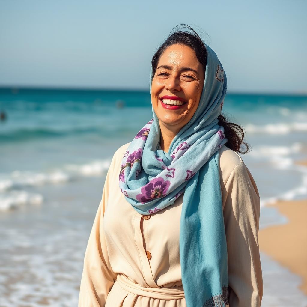 A lifelike image of a Sephardic woman aged 35-40, with a cheerful expression, wearing a fashionable scarf and a modest outfit that elegantly covers her bust