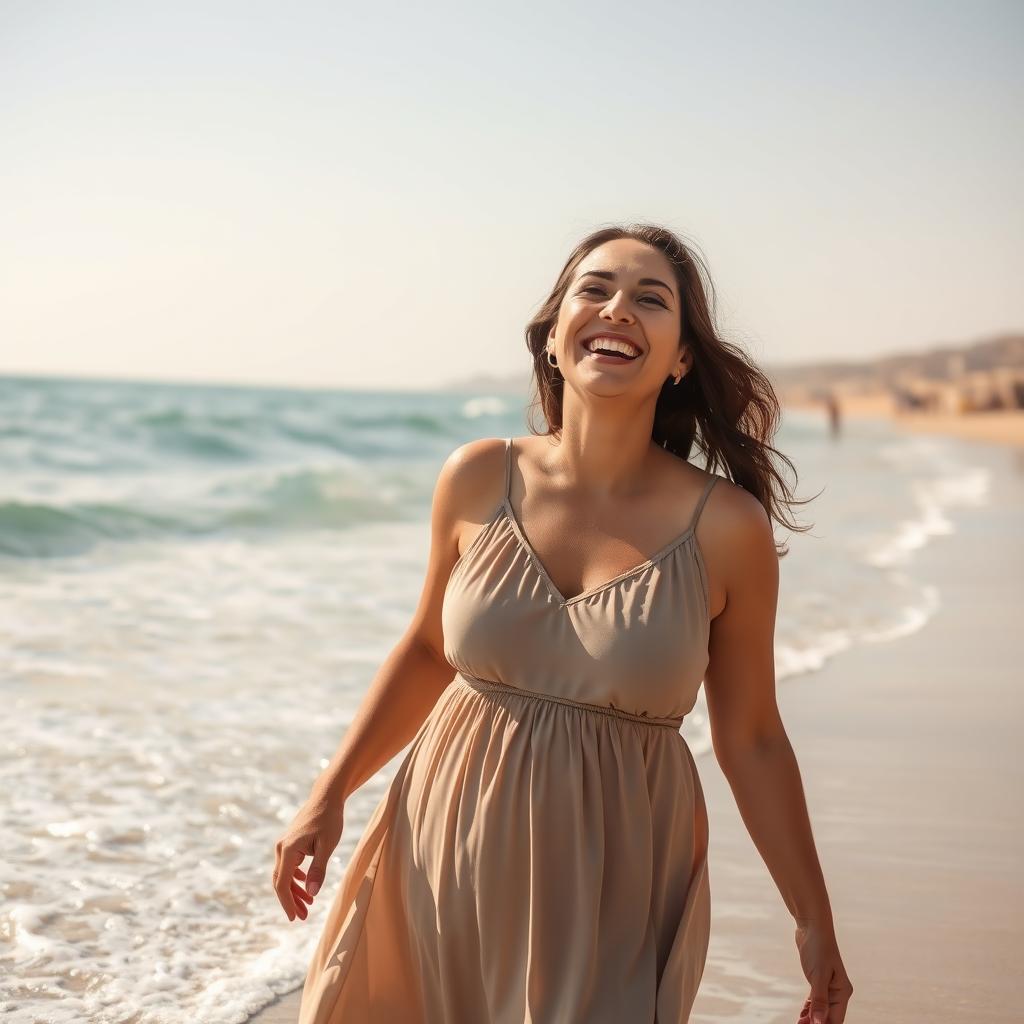 A lifelike image of a Sephardic woman aged 35-40, with a cheerful expression, fully covered in an elegant dress