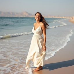 A lifelike image of a Sephardic woman aged 35-40, with a cheerful expression, fully covered in an elegant dress