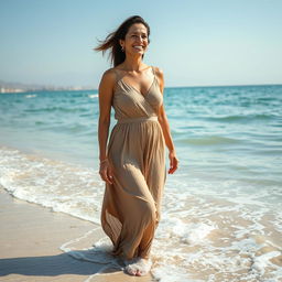 A lifelike image of a Sephardic woman aged 35-40, with a cheerful expression, fully covered in an elegant dress