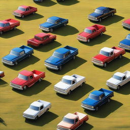 An open field dotted with various models of American pickup trucks, reflecting the gleam of sunlight