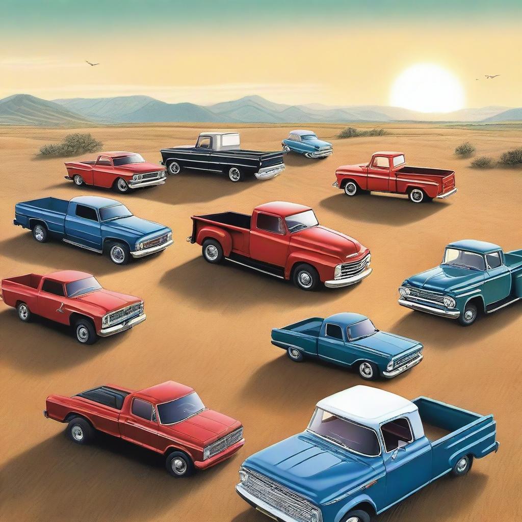 An open field dotted with various models of American pickup trucks, reflecting the gleam of sunlight