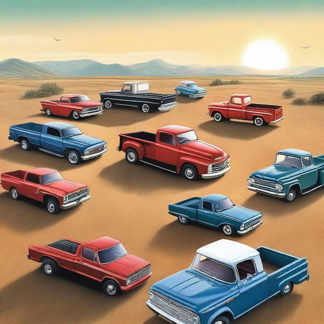 An open field dotted with various models of American pickup trucks, reflecting the gleam of sunlight