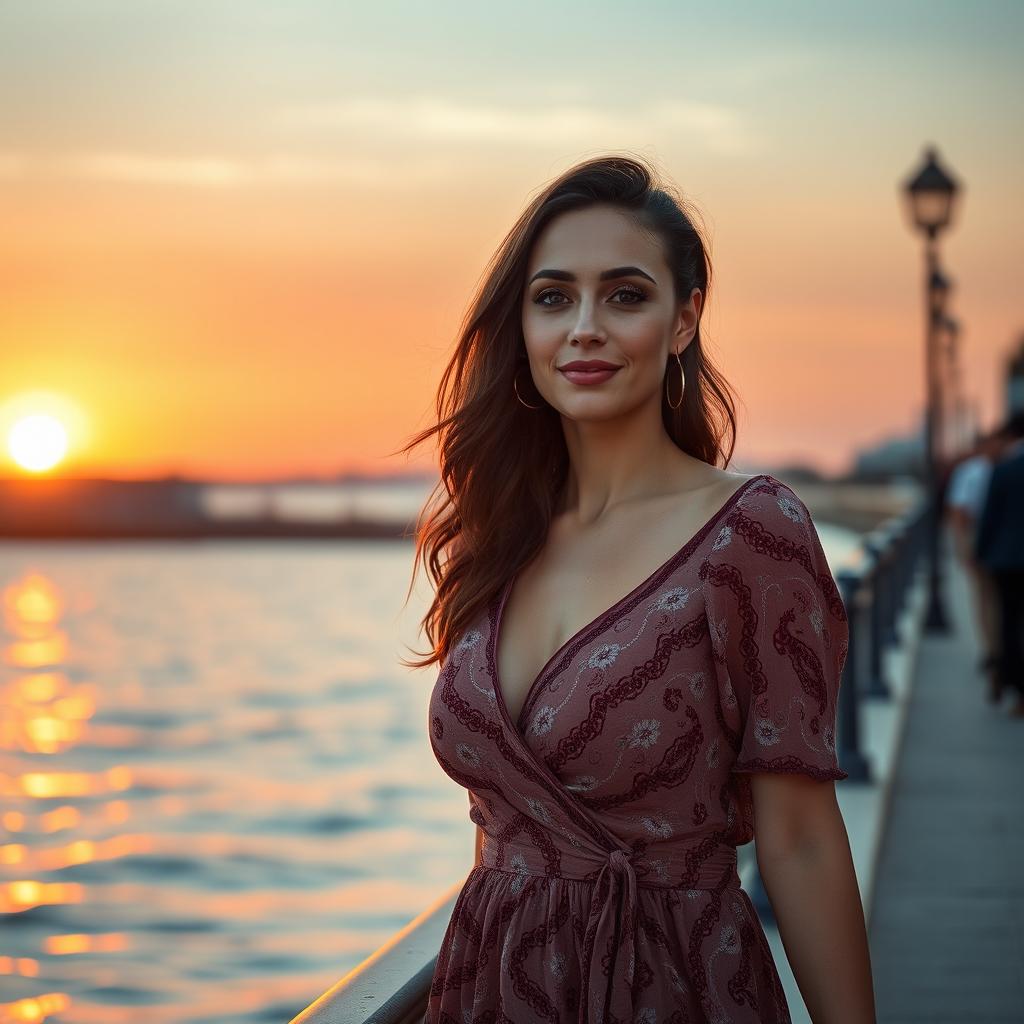 Capture a lifelike image of a Sephardic woman featuring high cheekbones and full lips, dressed in a stylish yet modest dress that tastefully covers her bust